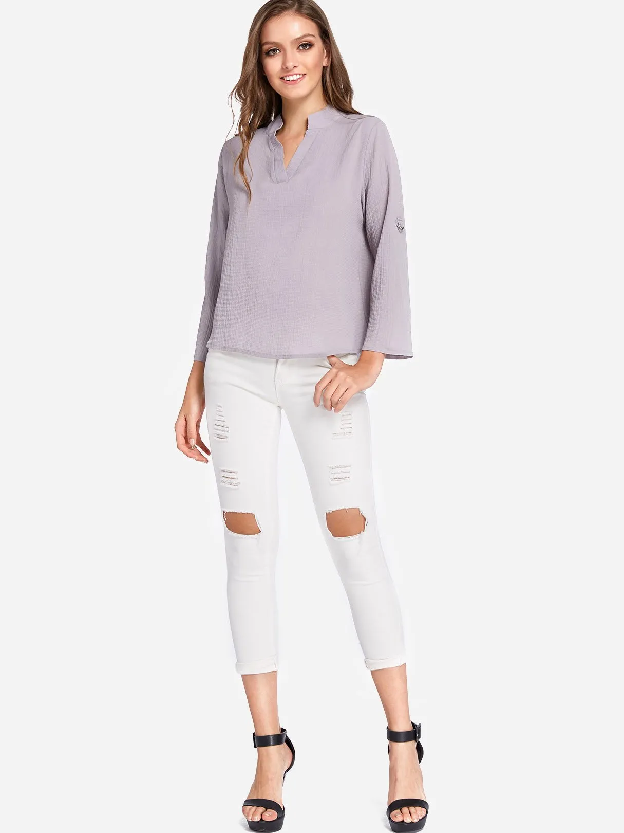 Custom Basic V-Neck Long Sleeves Blouses