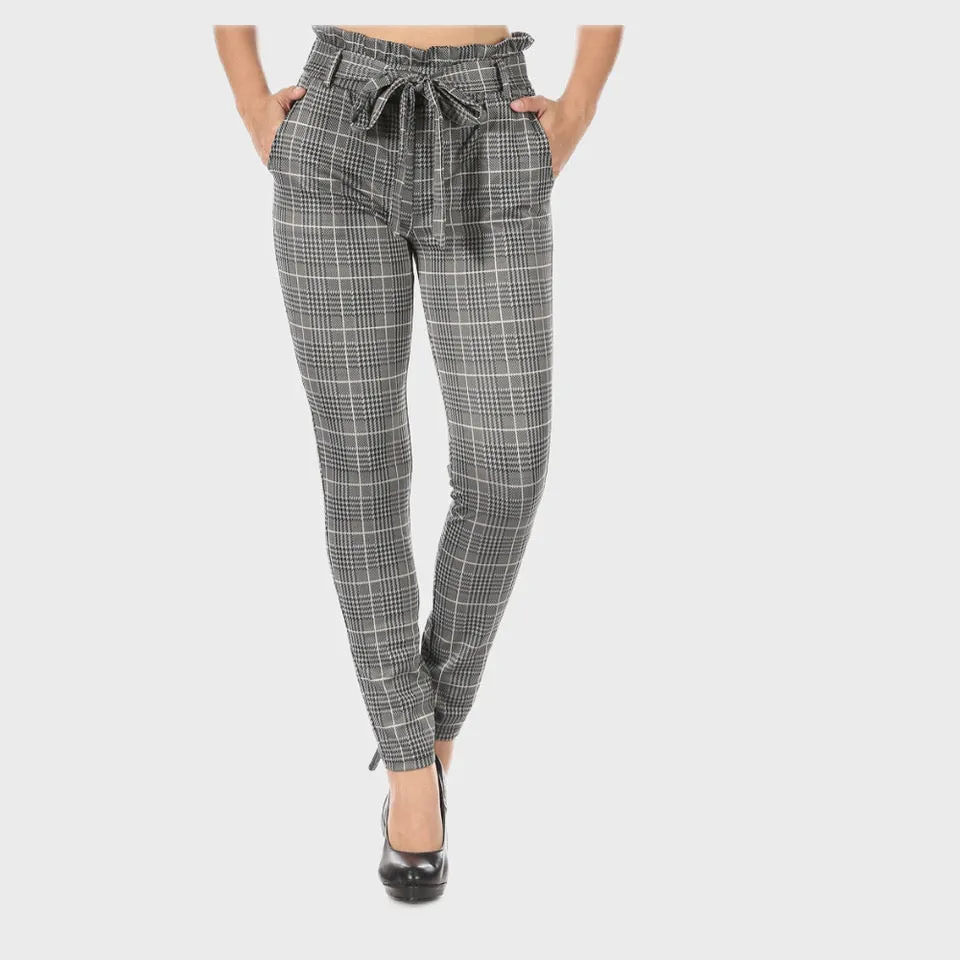 Women's High Waisted Pants Plaid Paper Bag Waist Side Pockets Waist Tie Bottoms